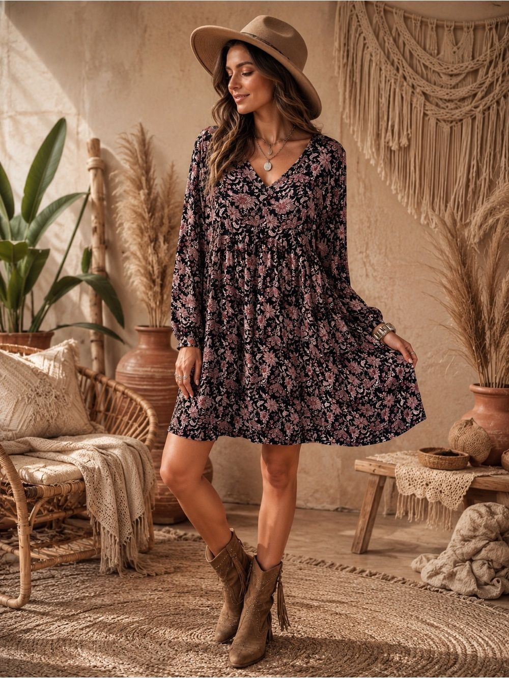 Floral V-Neck Long Sleeve Mini Dress - Black with Dusty Pink